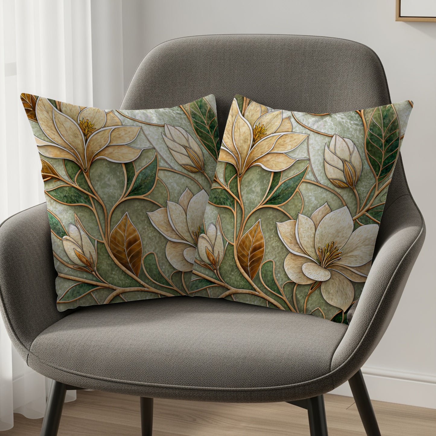 Stained Glass Floral Magnolia Green Design Style Throw Pillows - Walk Greener