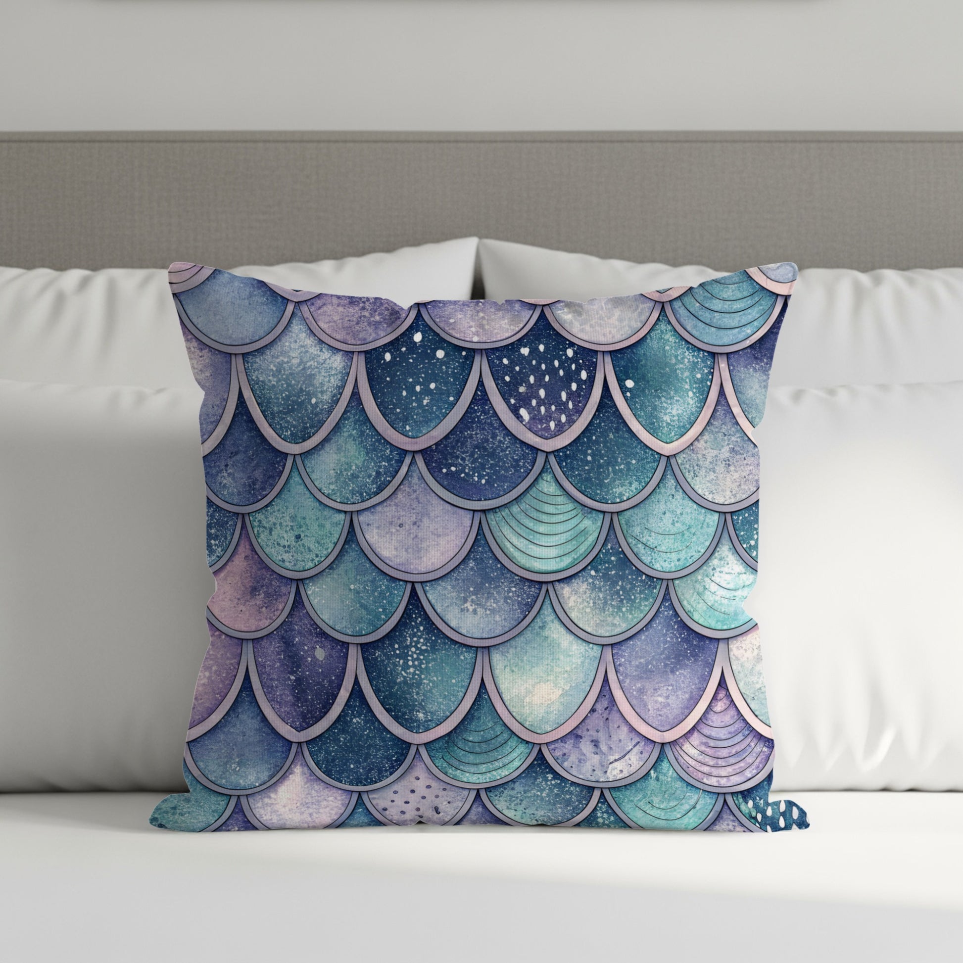 Vibrant Blue and Purple Scales Pattern Throw Pillow