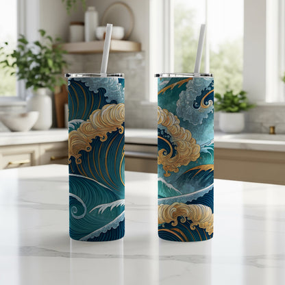 Ocean Wave Art Tall Drink Tumbler with Straw Design