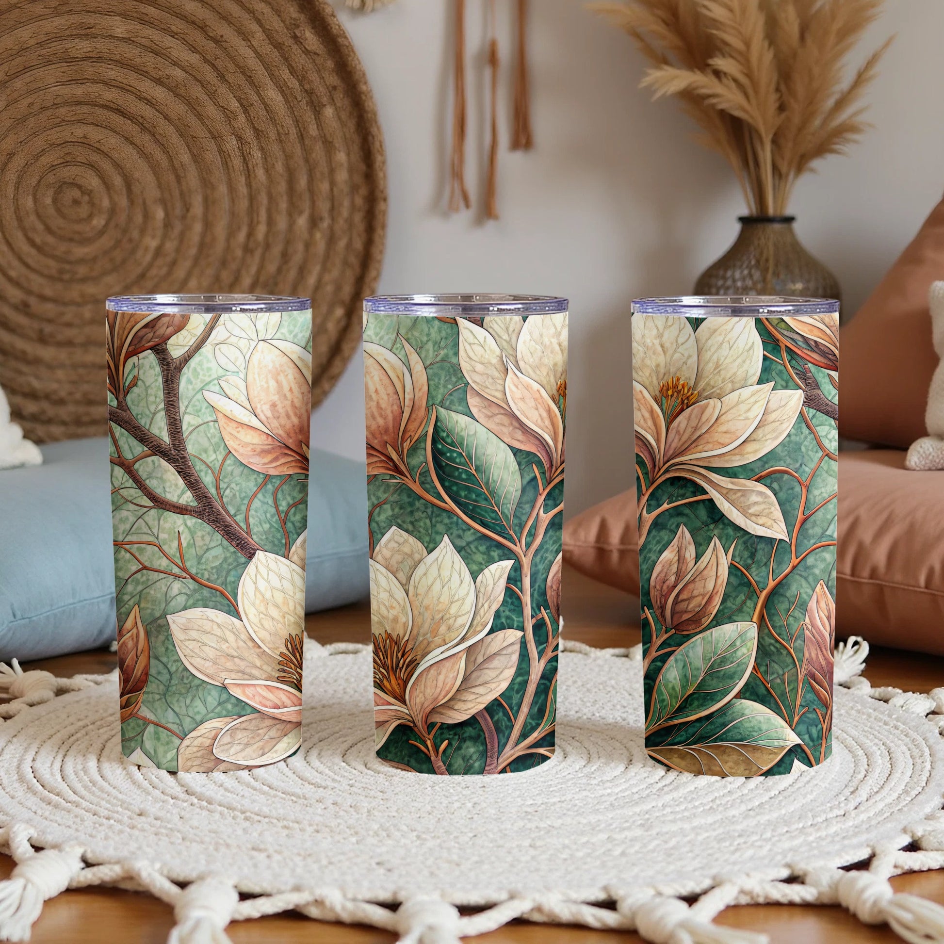 Magnolia Floral Dream Pattern Spring Design Art 20 oz Skinny Tumbler - Walk Greener