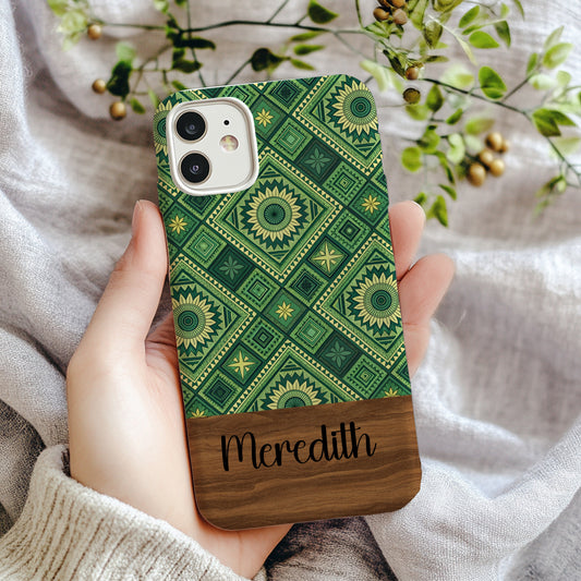 Geometric Green and Yellow Pattern with Custom Name Case - Walk Greener