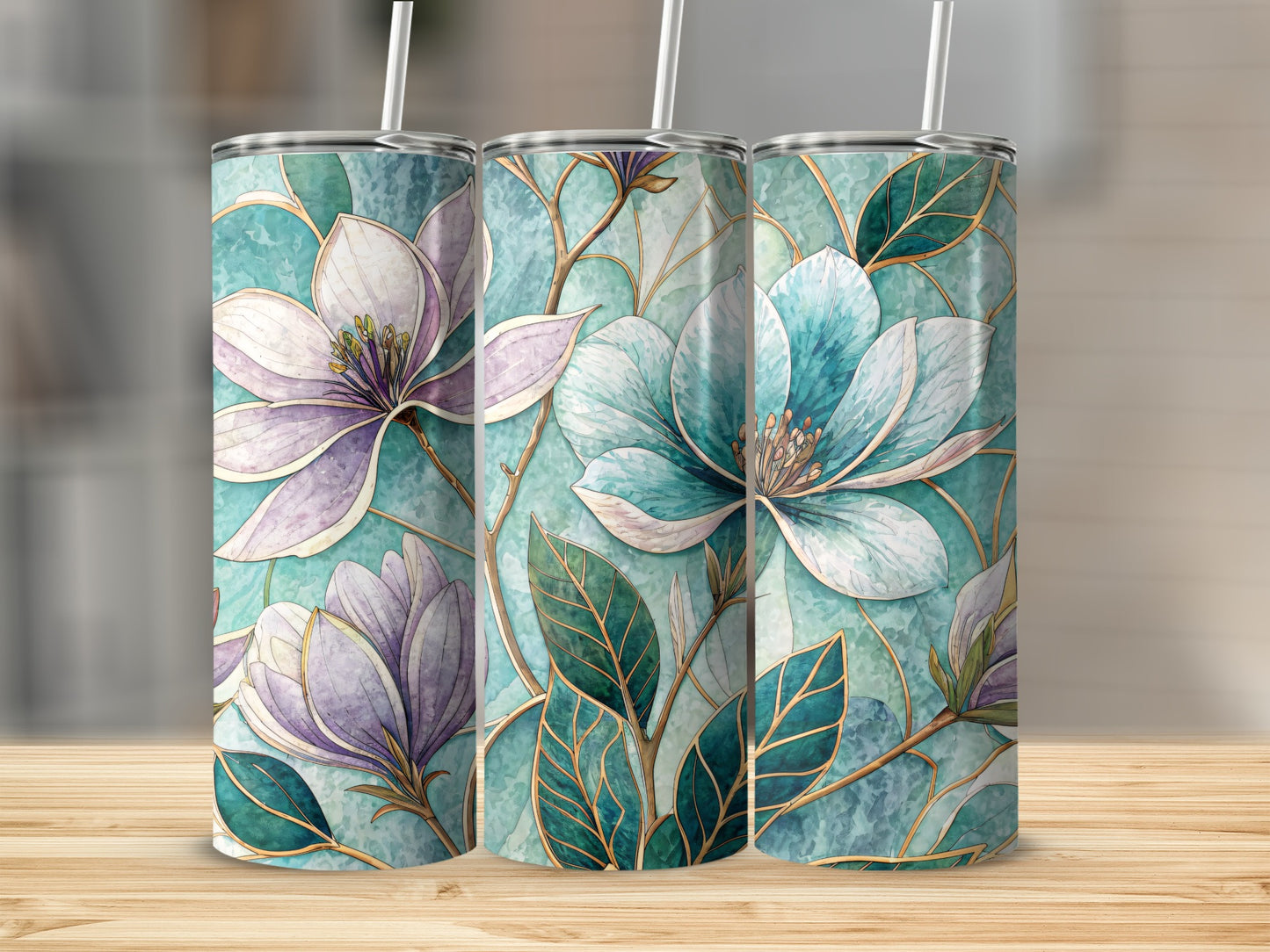 Magnolia Floral Watercolor Teal Background 20 oz Skinny Tumbler - Walk Greener