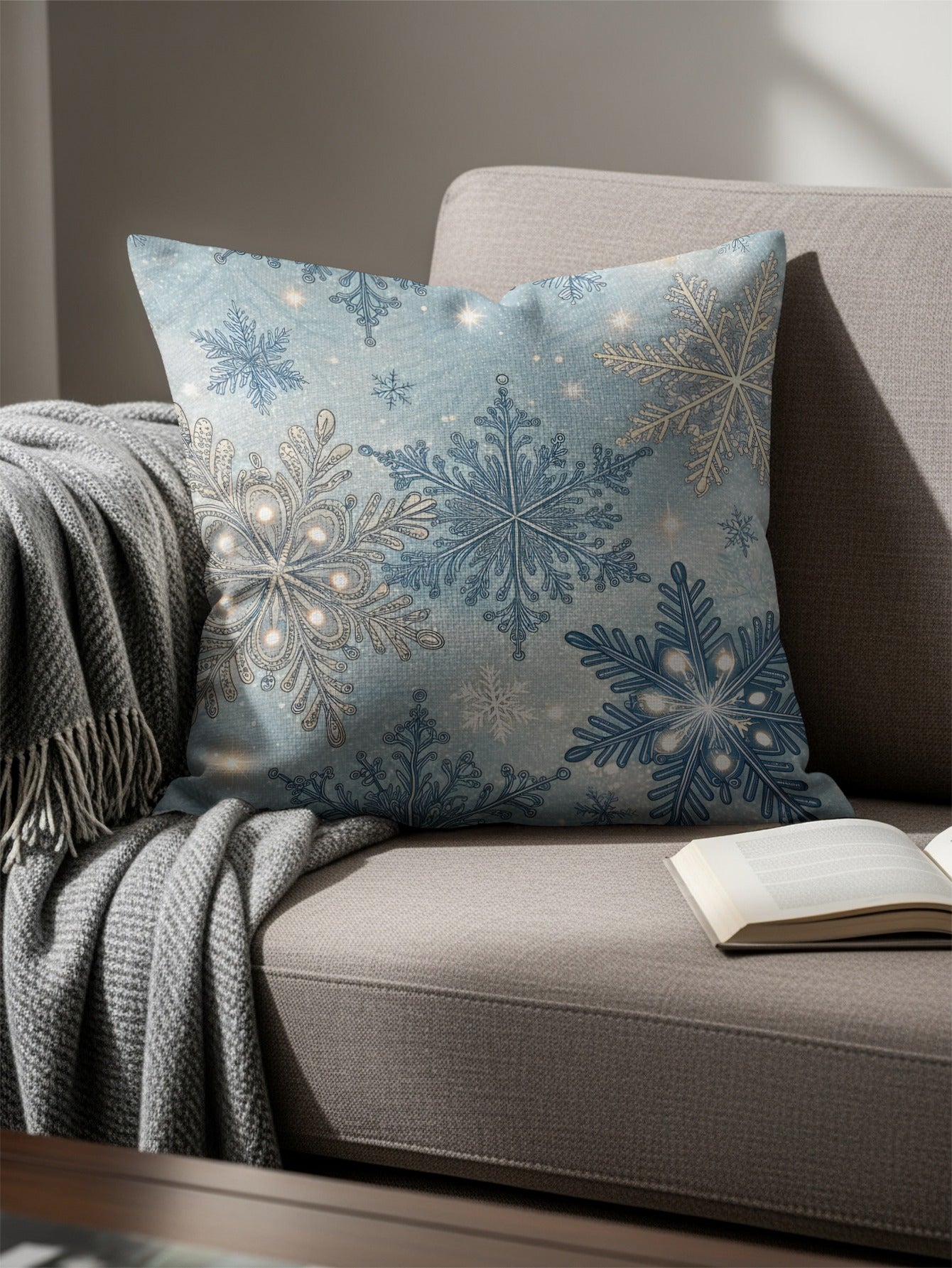 Blue and Silver Snowflake Decorative Pillow Cover