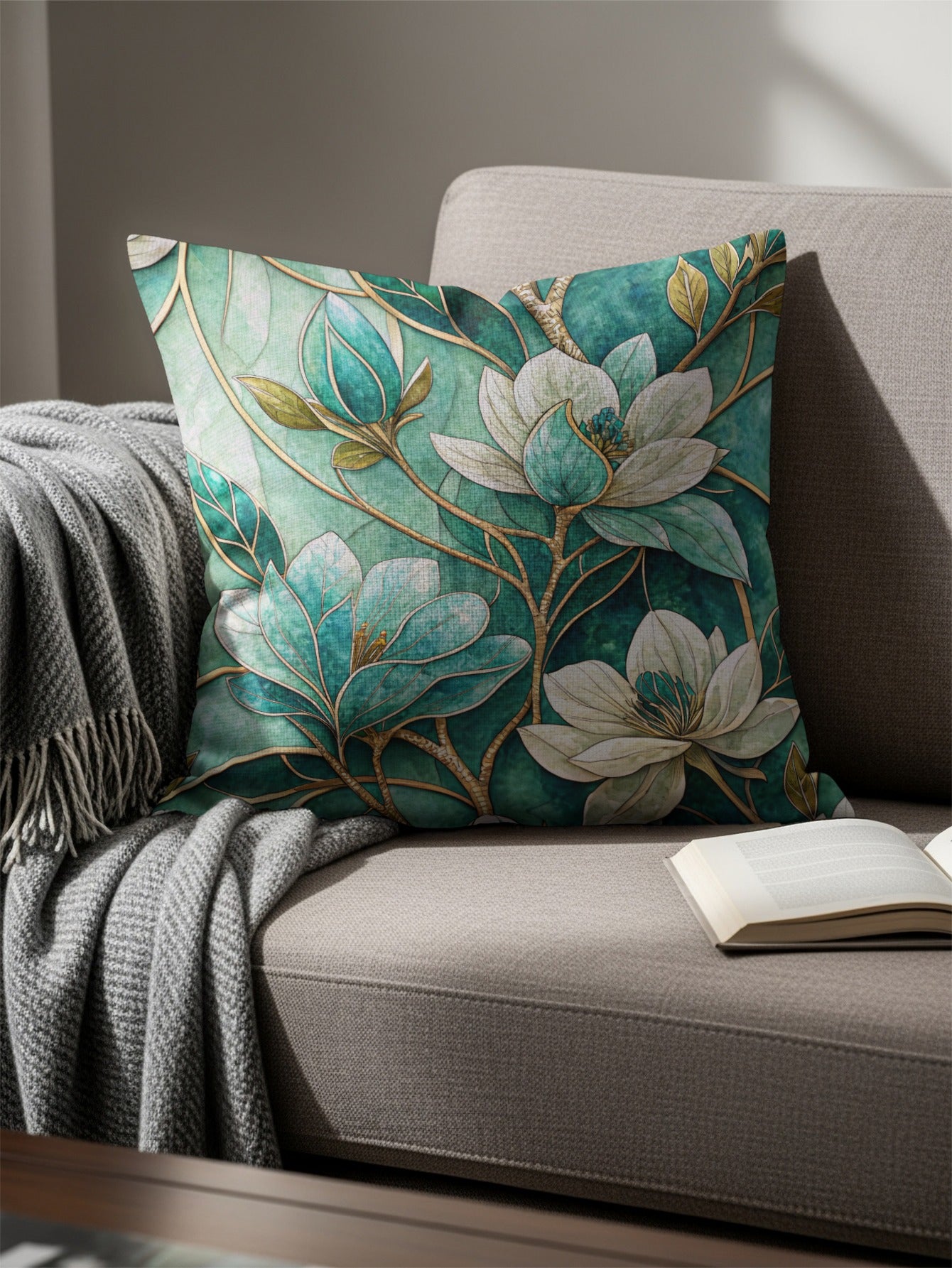 Elegant Floral Mosaic Design on Emerald Green Throw Pillows - Walk Greener