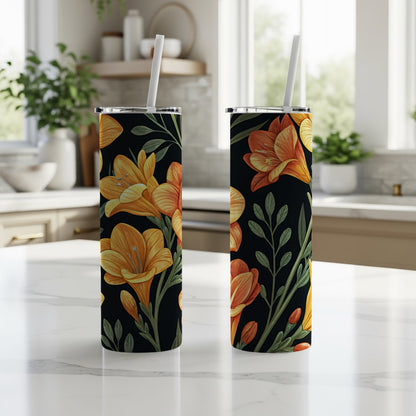 Elegant Floral Design Tall Tumbler with Reusable Straw