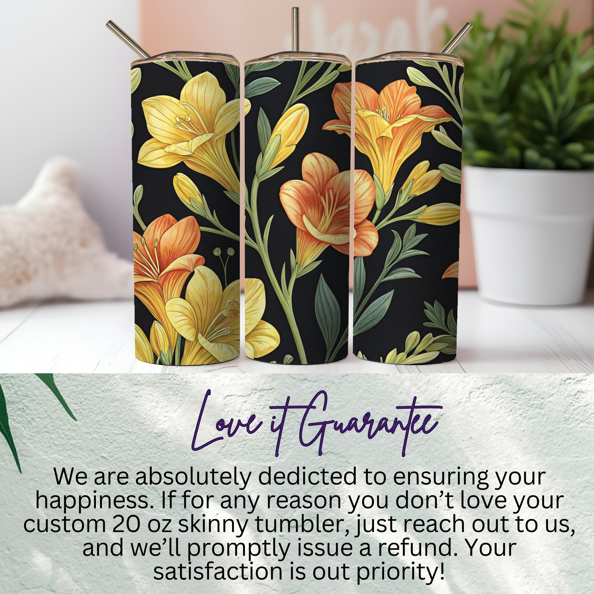 Floral Design Custom 20 oz Skinny Tumbler with Straw
