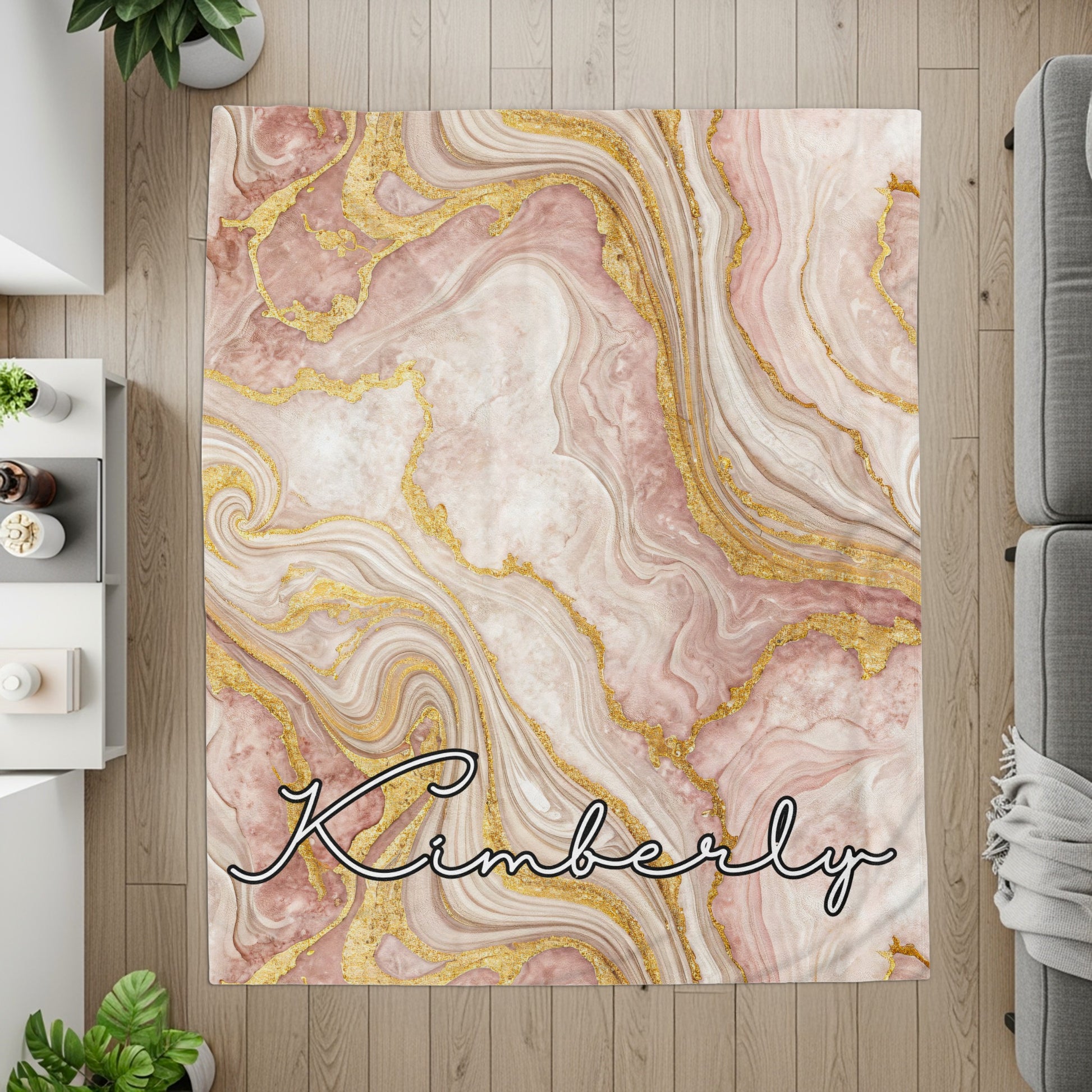 Pink Marble with Golden Veins Custom Name Blanket - Walk Greener