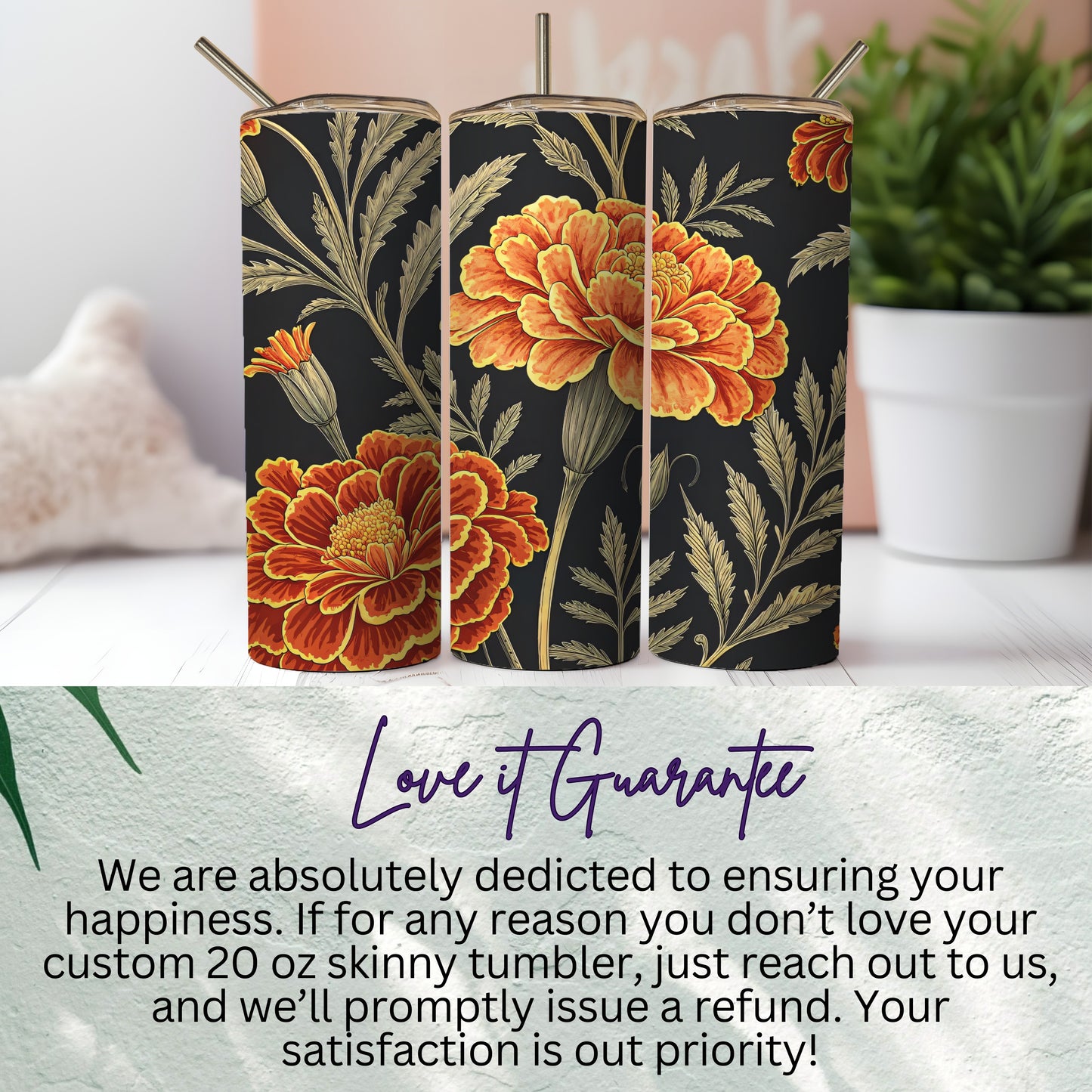 Floral Fiesta A Dark Blooming Marigolds Pattern Tumblers - Walk Greener
