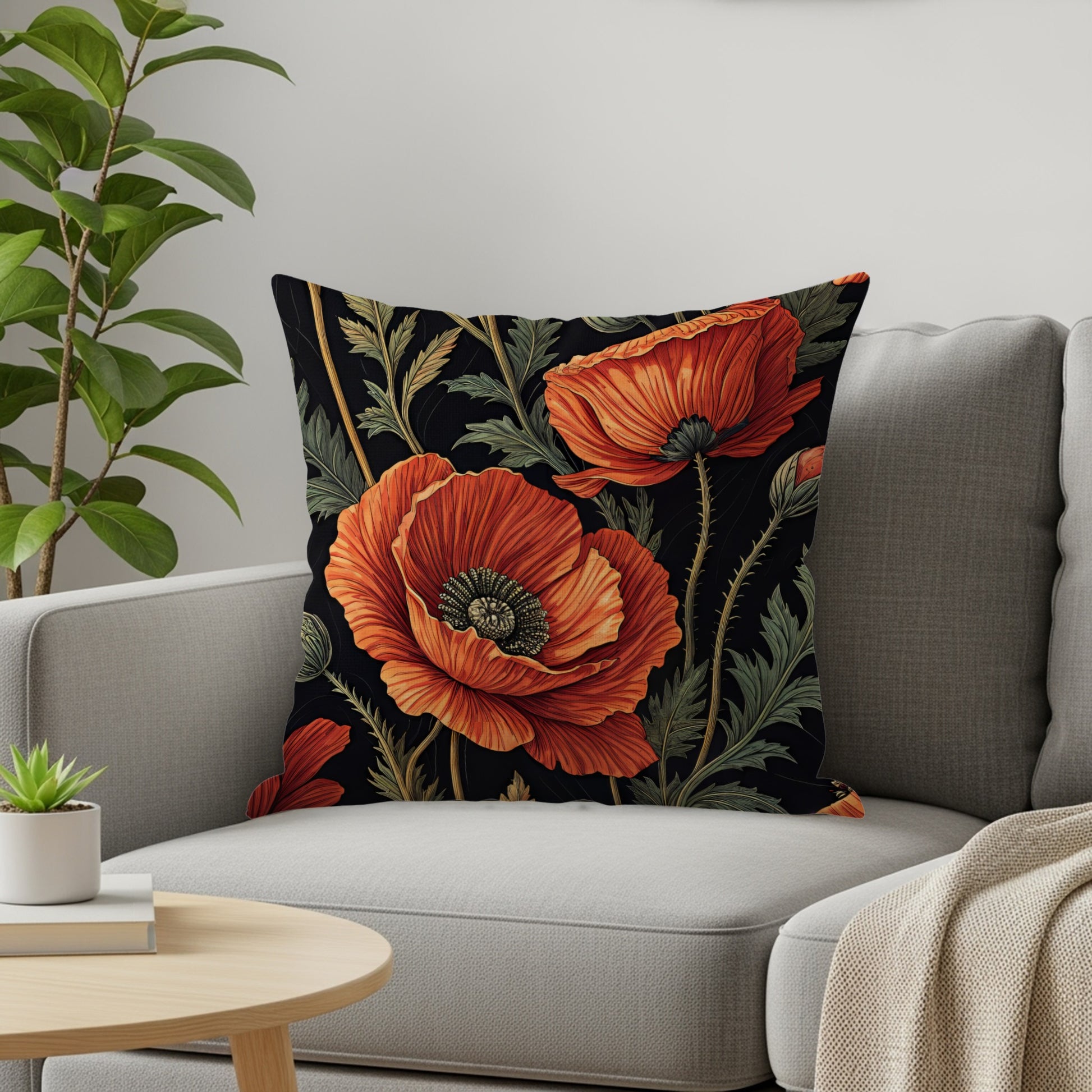 Floral Pattern with Red Poppies on Black Decorative Floral Throw Pillows - Walk Greener