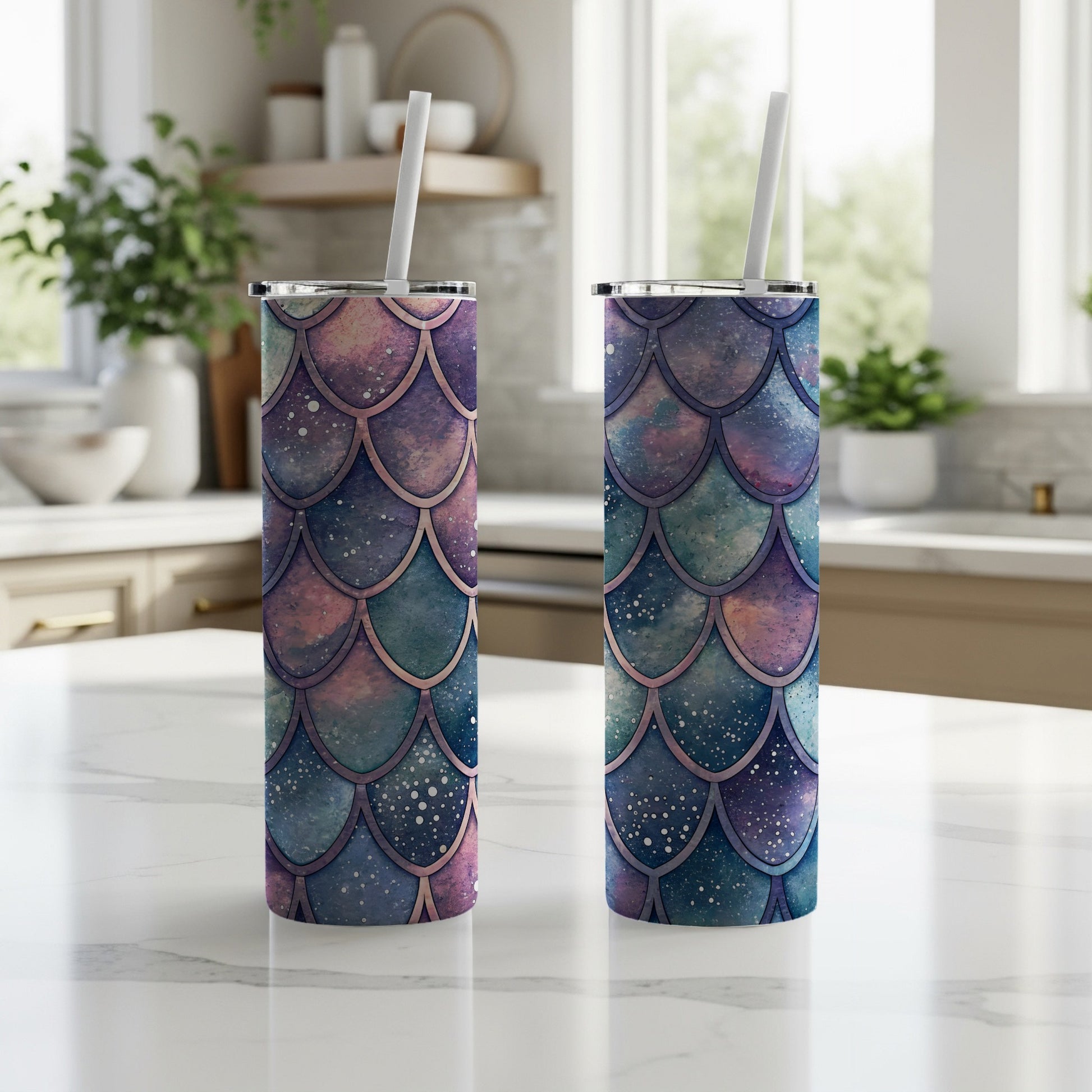 Watercolor Mermaid Scales Pattern in Teal Blue Purple Tumbler - Walk Greener