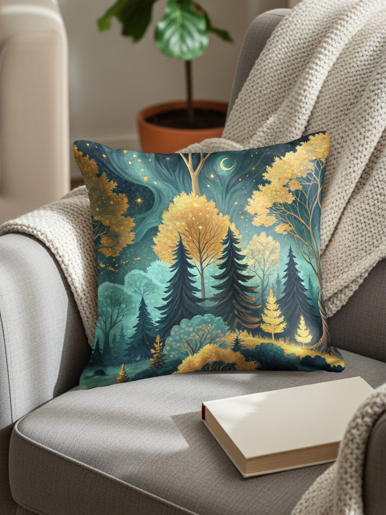 Enchanted Forest Night Scene with Gold Trees Throw Pillows - Walk Greener