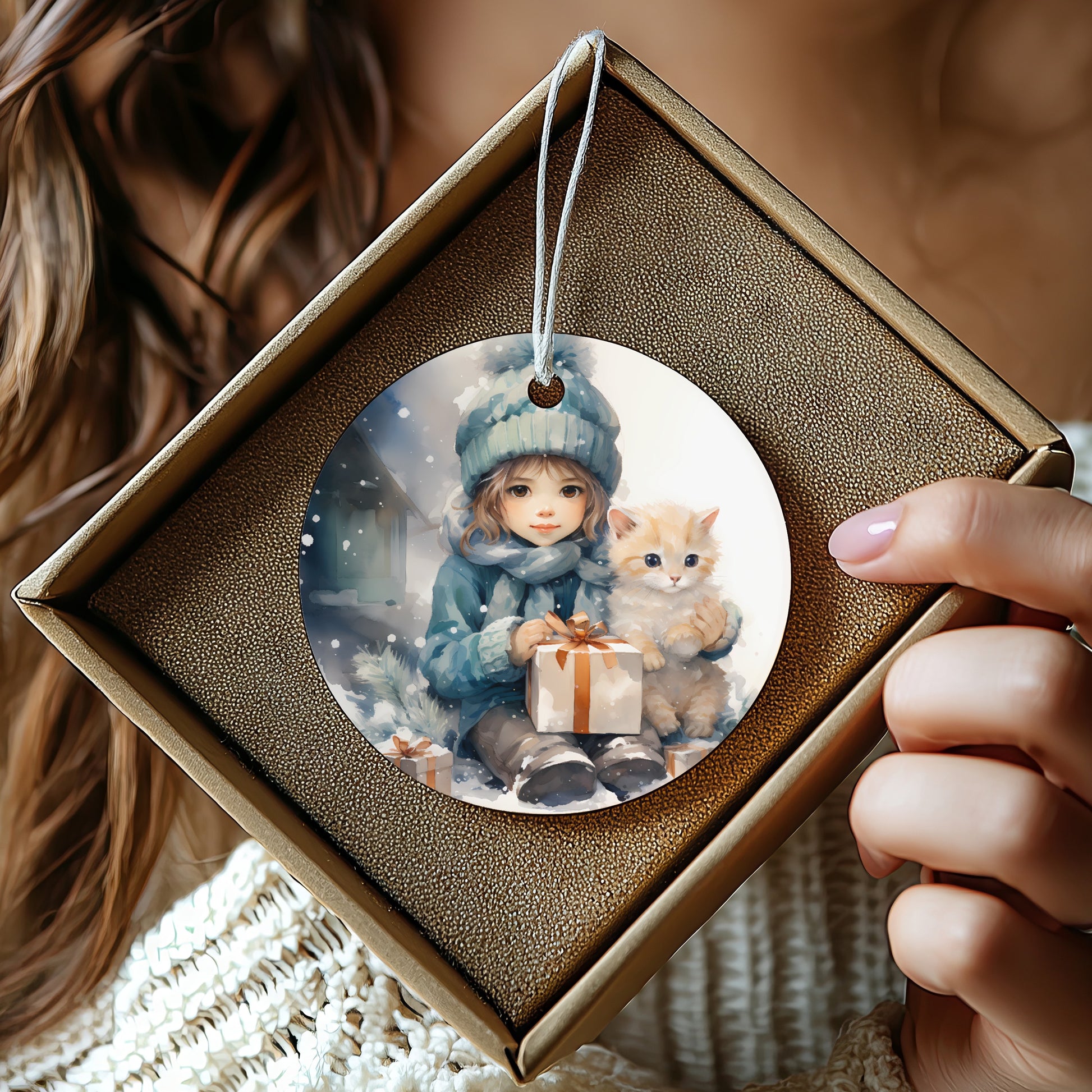 Adorable Girl and Cat Christmas Ornament product type