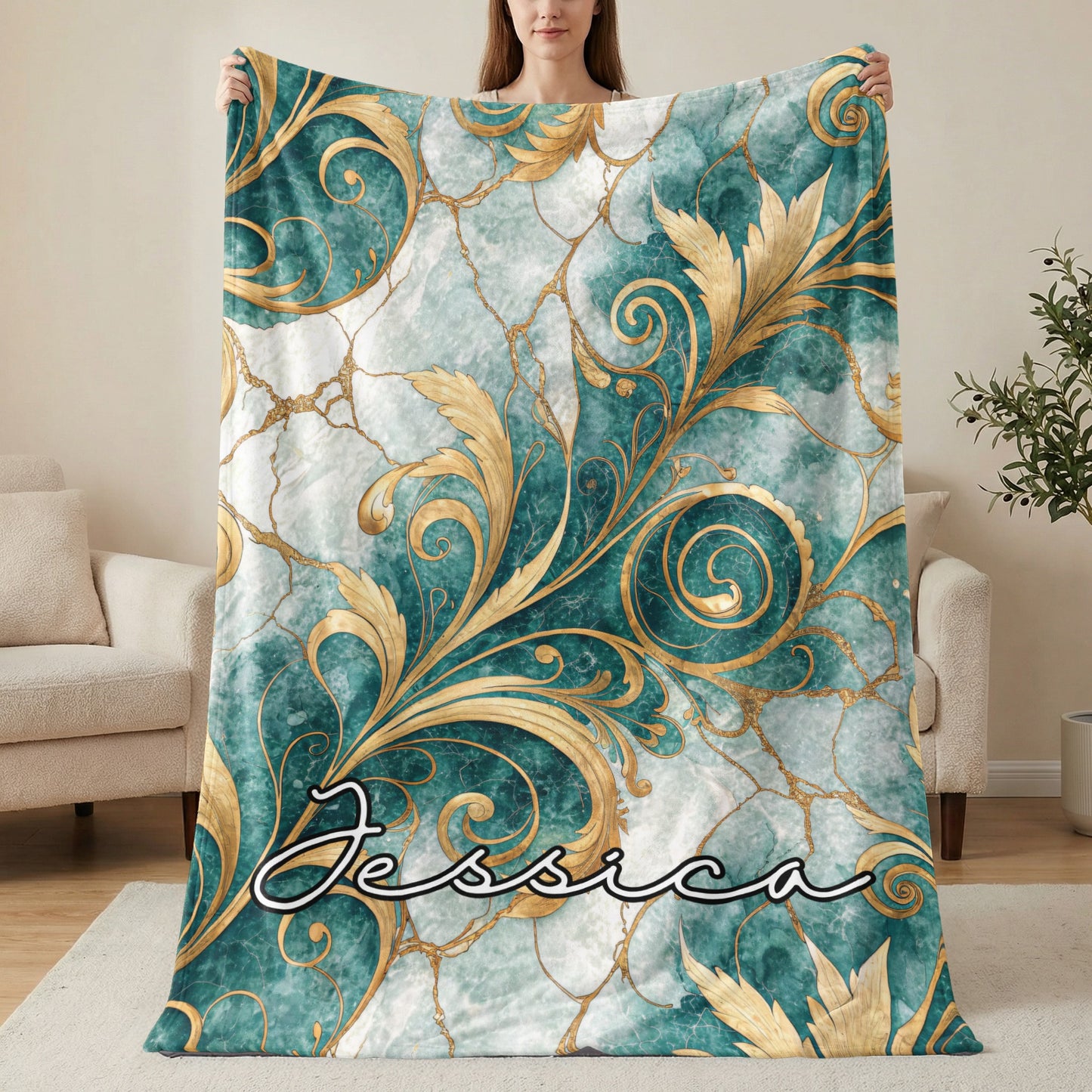 Golden Floral on Blue Custom Name Style Blanket - Walk Greener