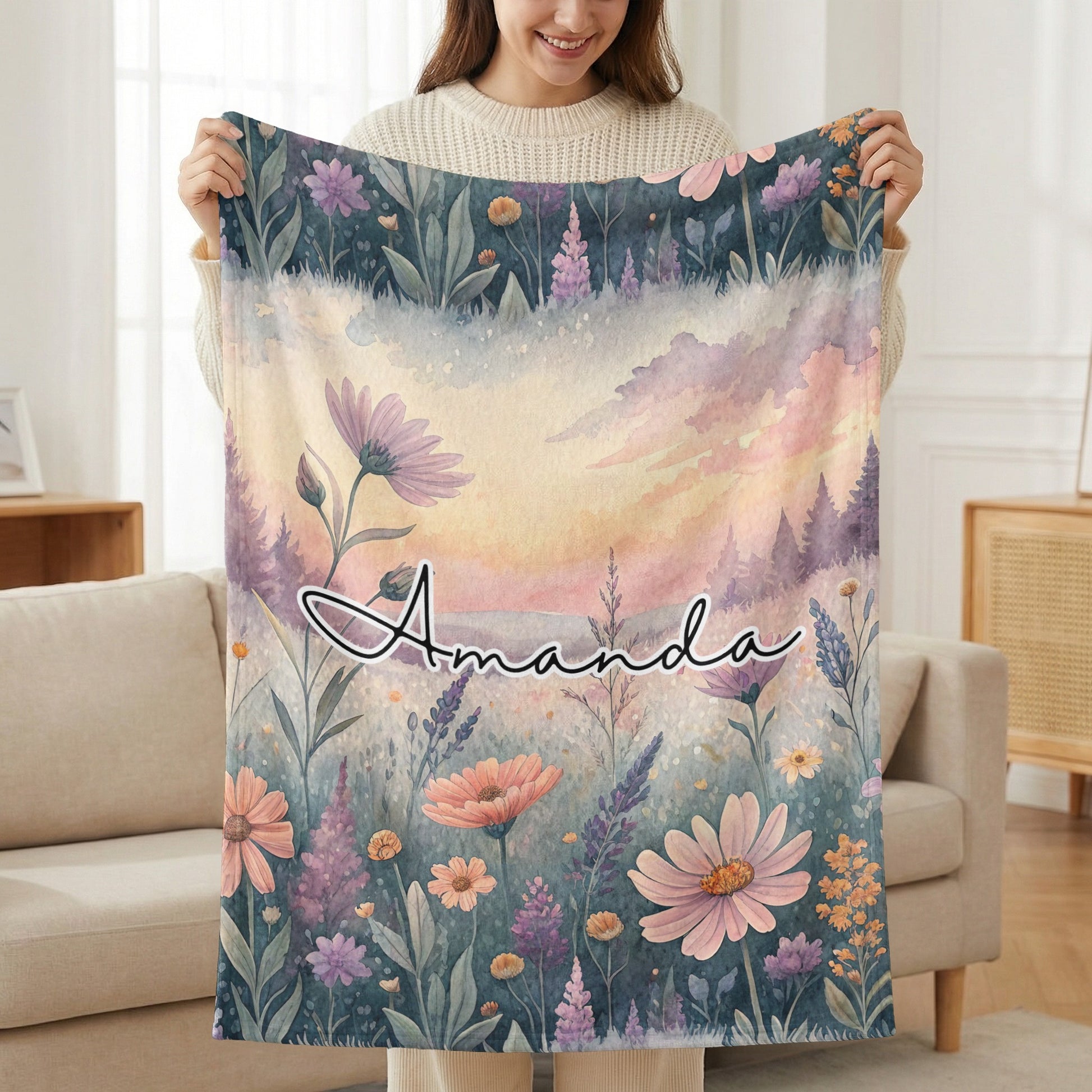 Custom Floral Sunset Landscape Blanket with Name Amanda