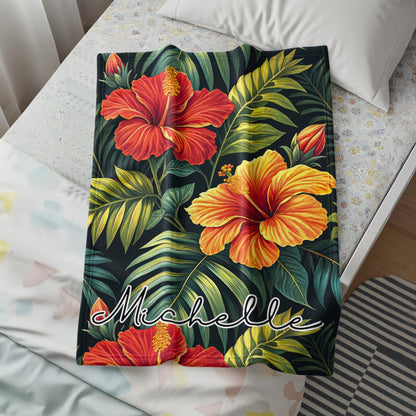 Tropical Hibiscus Flowers Custom Name Printed Blankets - Walk Greener