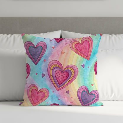 Vibrant Hearts and Rainbows Decorative Pillow Cover