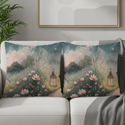 Watercolor Pathway Lantern And Flowers Artistic Design Pillows & Pillow Cases - Walk Greener