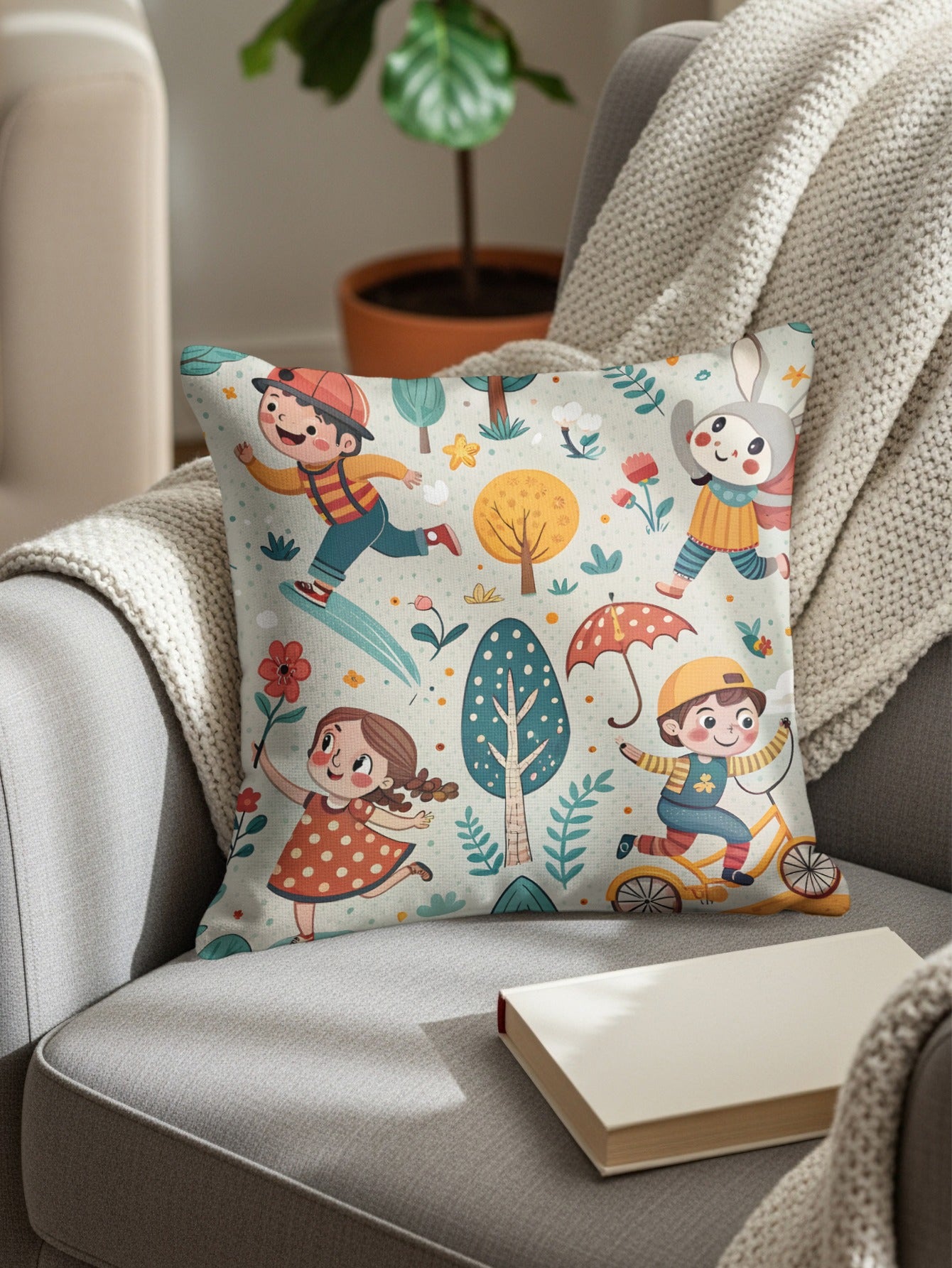Cartoon Children in Forest with Animals Illustration Throw Pillows - Walk Greener