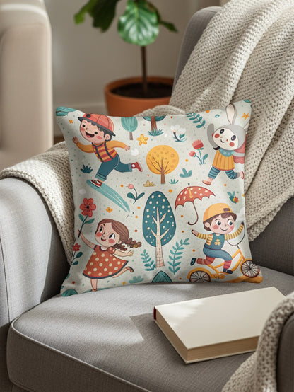 Cartoon Children in Forest with Animals Illustration Throw Pillows - Walk Greener