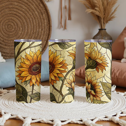 Sunflower Bloom Stained Glass Style Design 20 oz Skinny Tumbler - Walk Greener