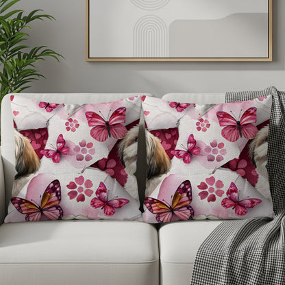 Dog with Butterflies on Pink Floral Background Throw Pillows - Walk Greener
