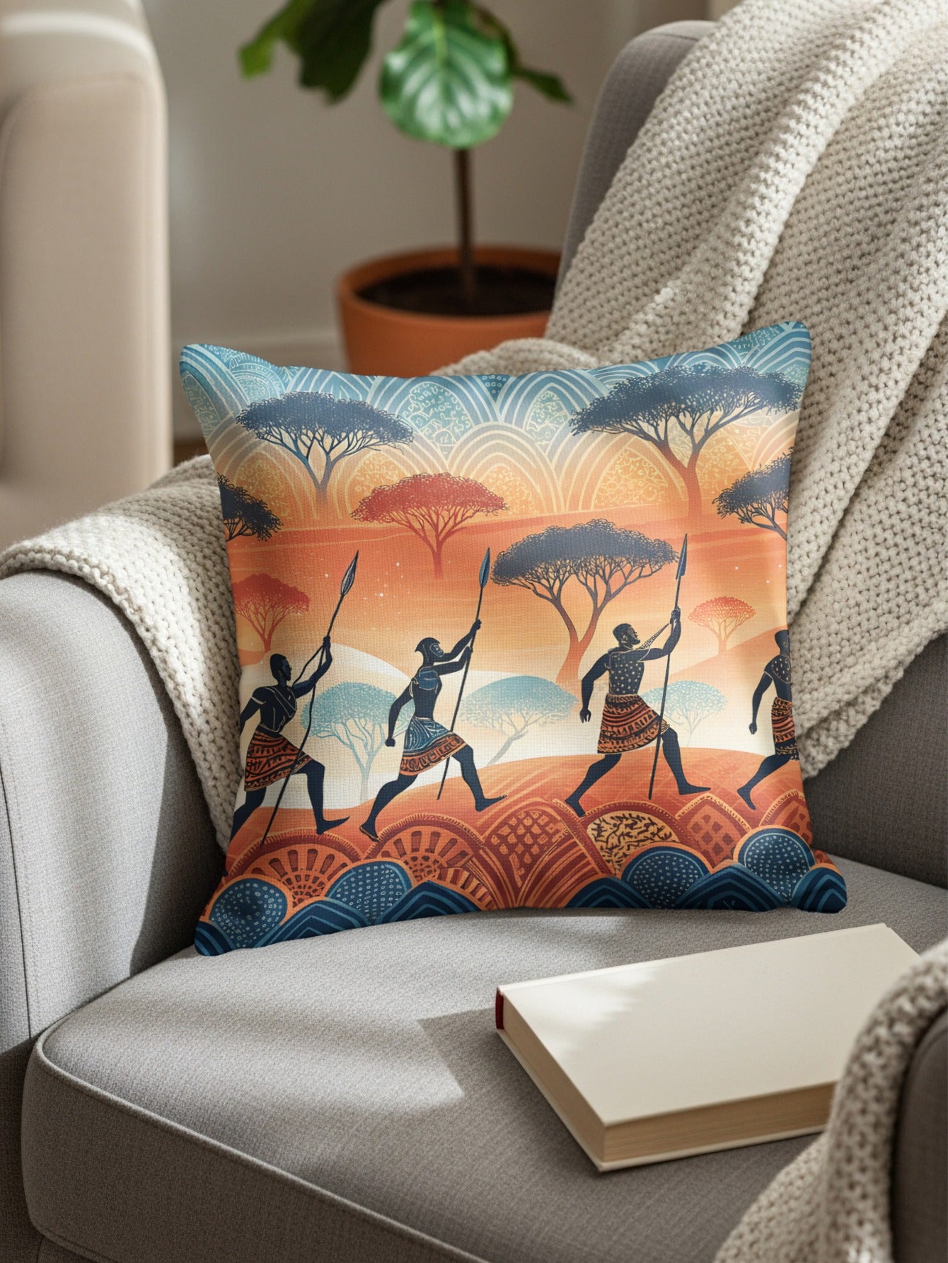 African Safari Warriors Under Acacia Trees Pattern Pillows & Pillow Cases - Walk Greener