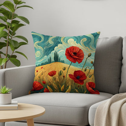 Red Poppies in Wheat Field and Blue Sky Painting Throw Pillows - Walk Greener