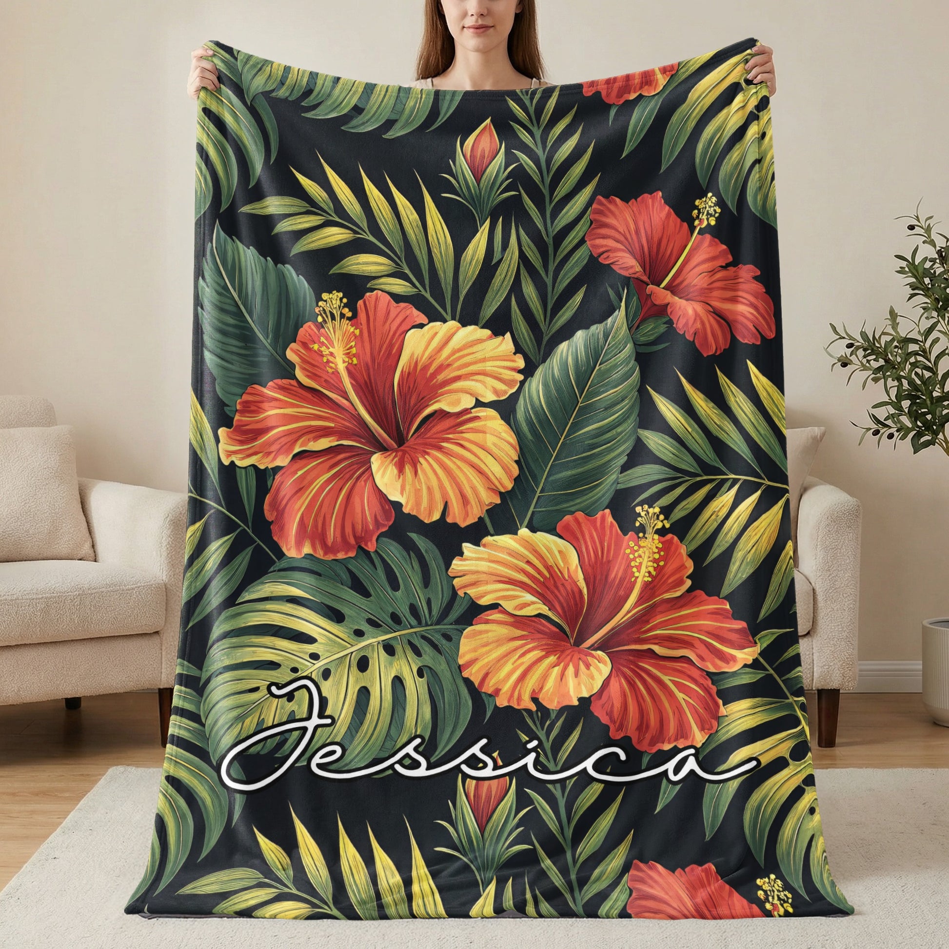 Personalized Tropical Floral Blanket with Custom Name