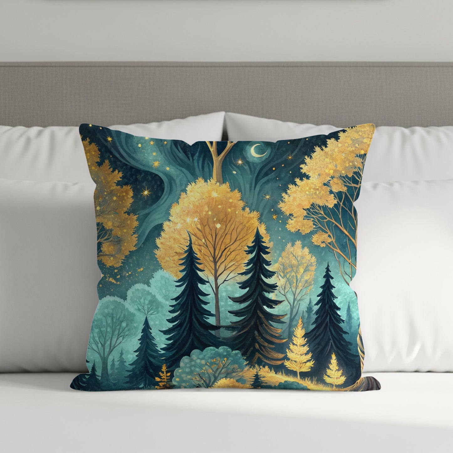 Enchanted Forest Night Scene with Gold Trees Throw Pillows - Walk Greener