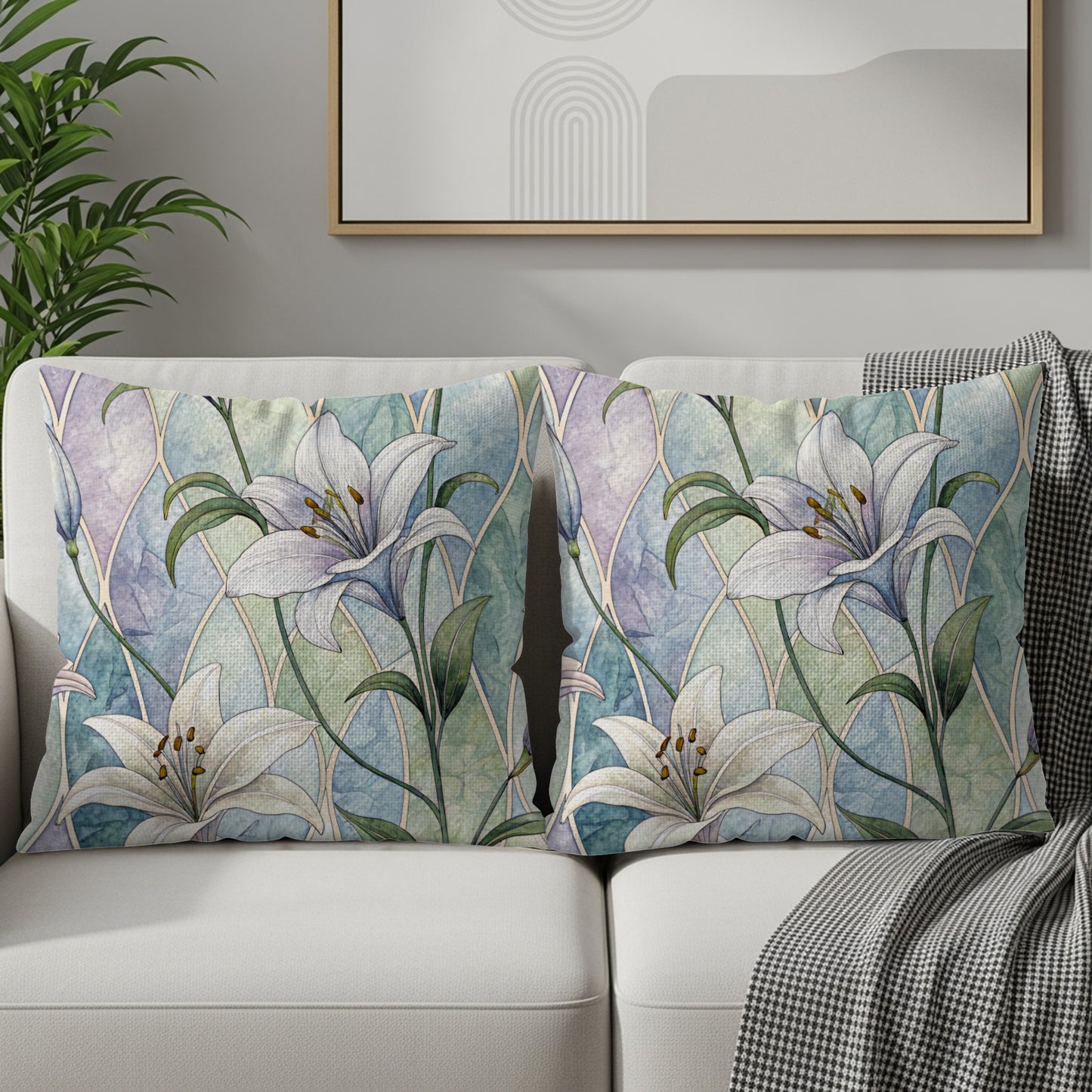 Pastel Lily Pattern Against Blue Green Arches Throw Pillows - Walk Greener
