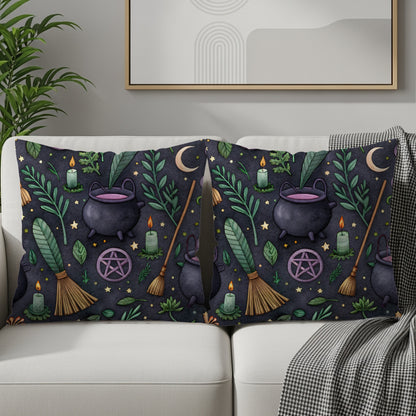 Witchcraft Pattern With Cauldron Moon Stars Pentagrams Throw Pillows - Walk Greener