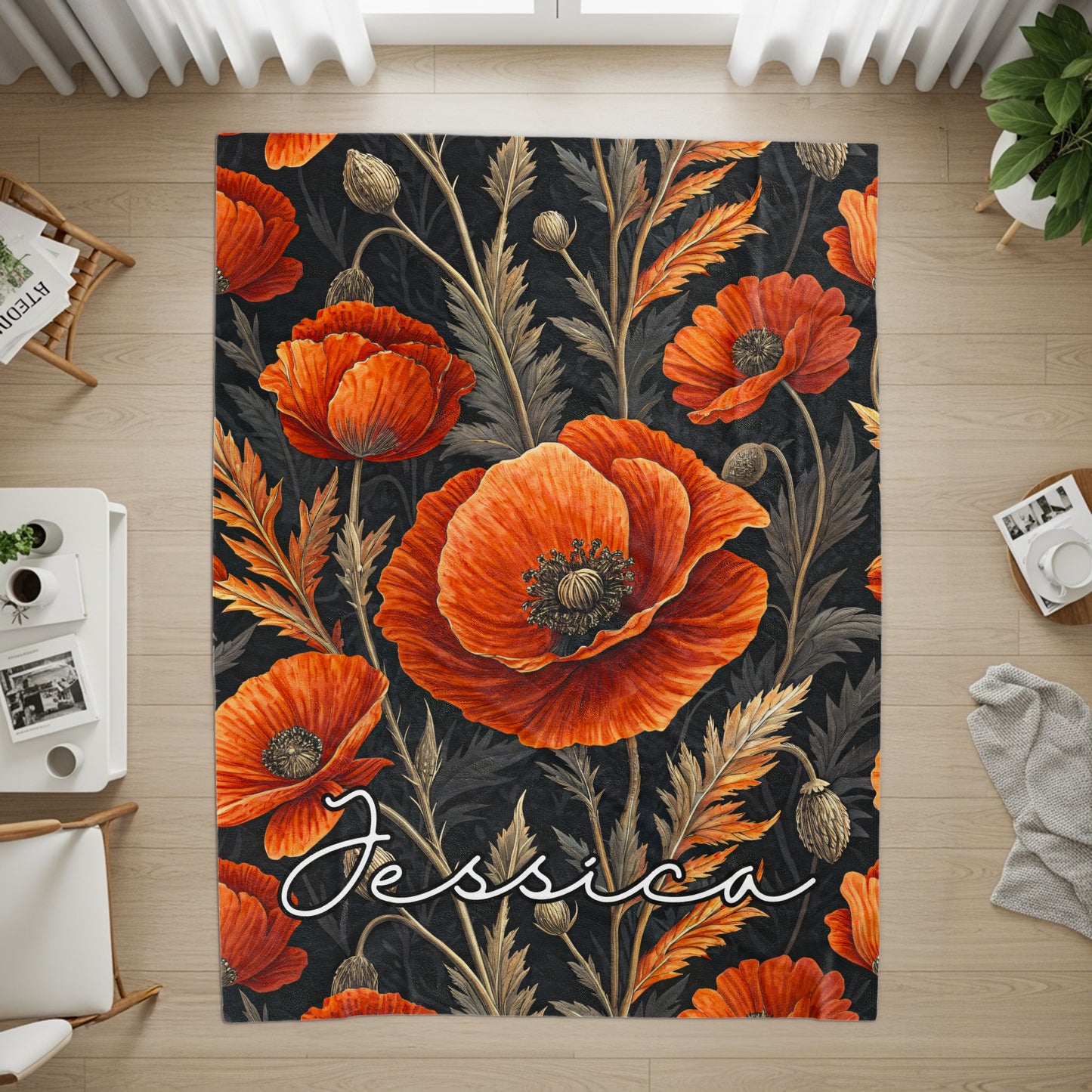 Custom Name Poppy Design Rug Personalized Decor