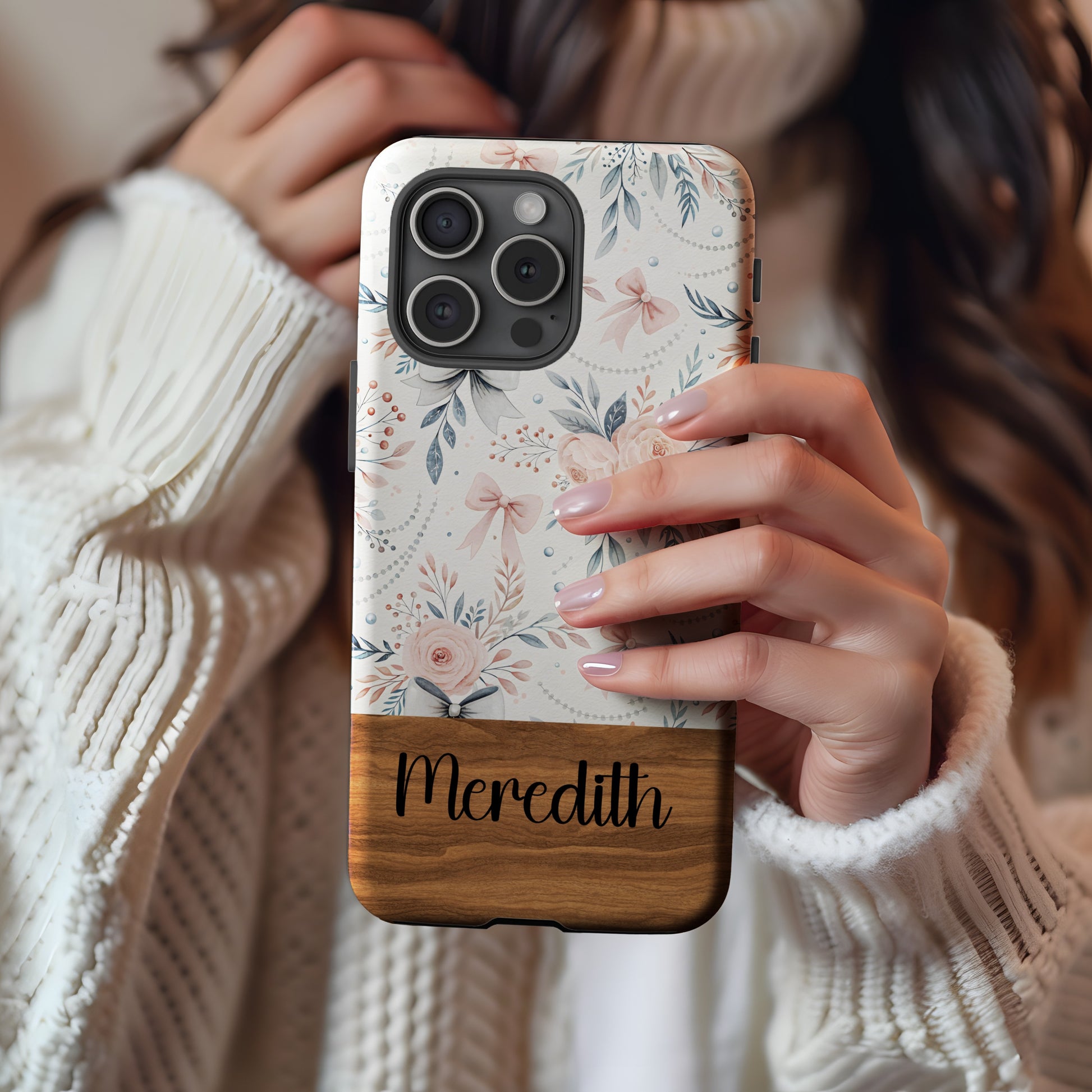 Personalized Floral and Wood Phone Case with Name Meredith