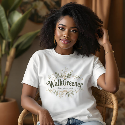 Woman in white t-shirt with "Walk Greener Nature Inspired Living" logo.