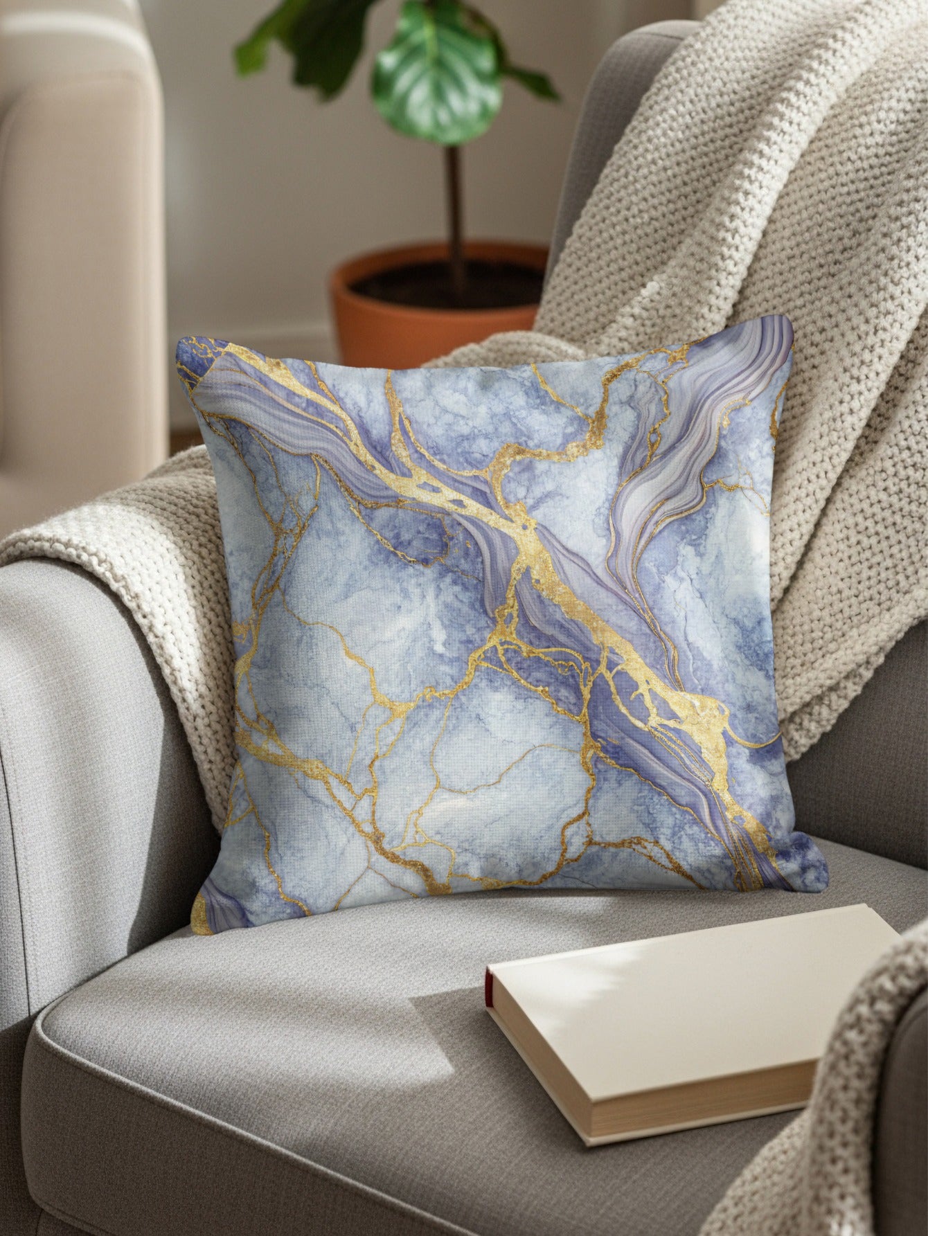 Elegant Blue and Gold Marble Decorative Pillow Cover