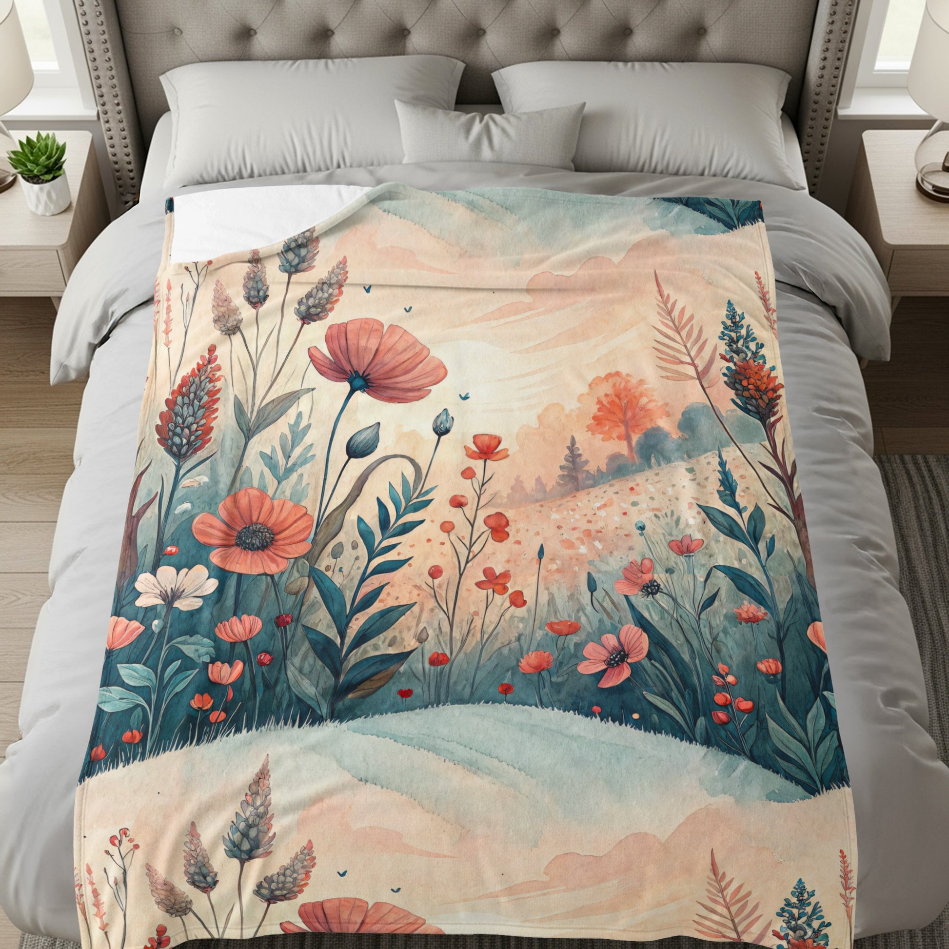 Floral Meadow in Watercolor Style Art Print Velveteen Plush Blankets - Walk Greener