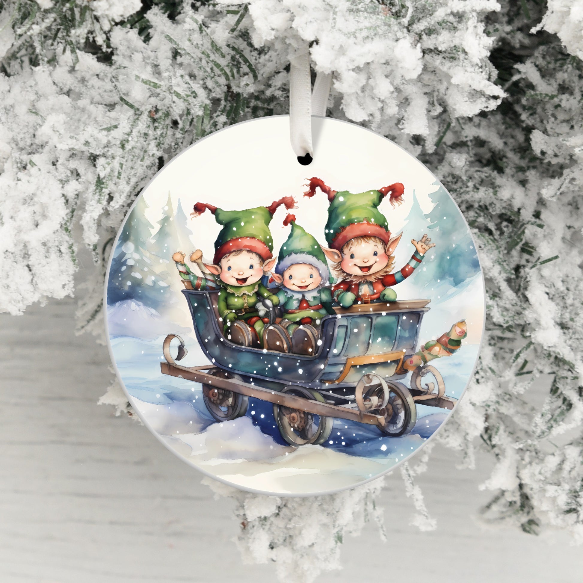 Joyful Elves Riding Sleigh Christmas Ornament product