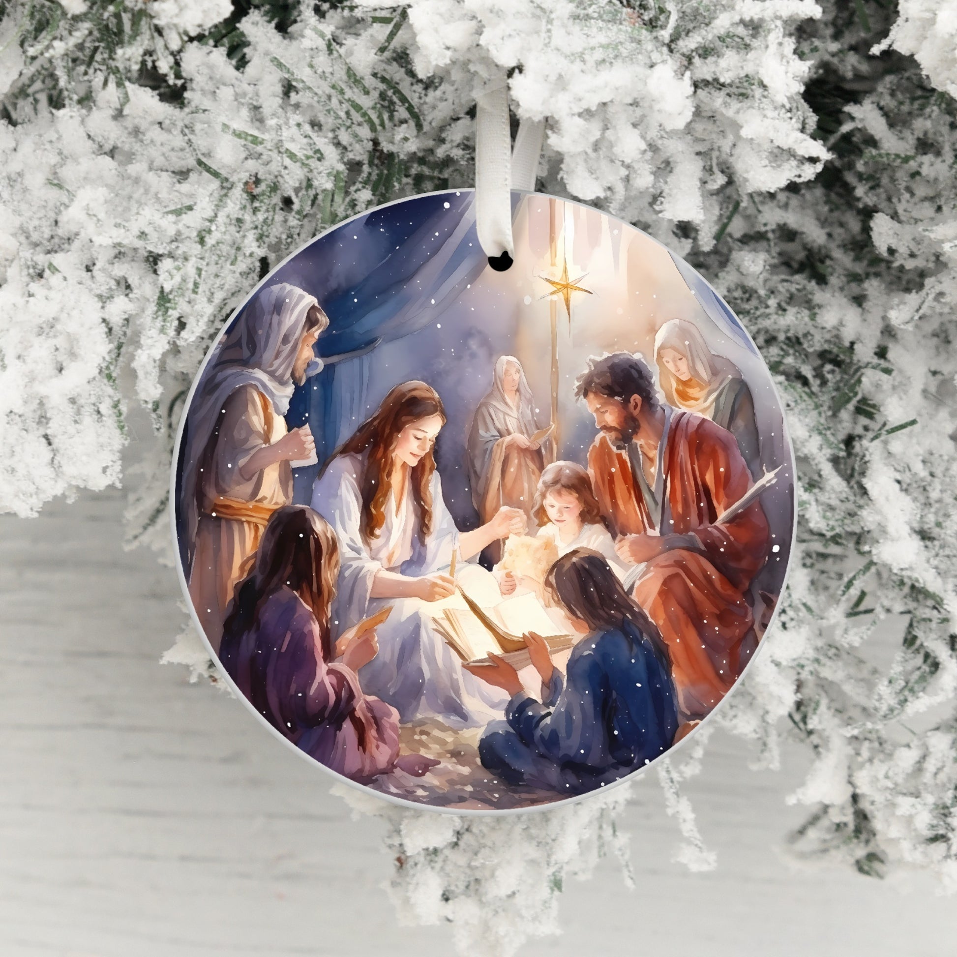 Nativity Scene Snowy Christmas Ornament product
