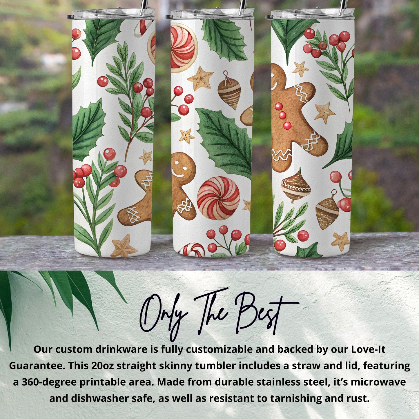 Watercolor Festive Pattern with Ginger Bread and Holly Tumbler - Walk Greener