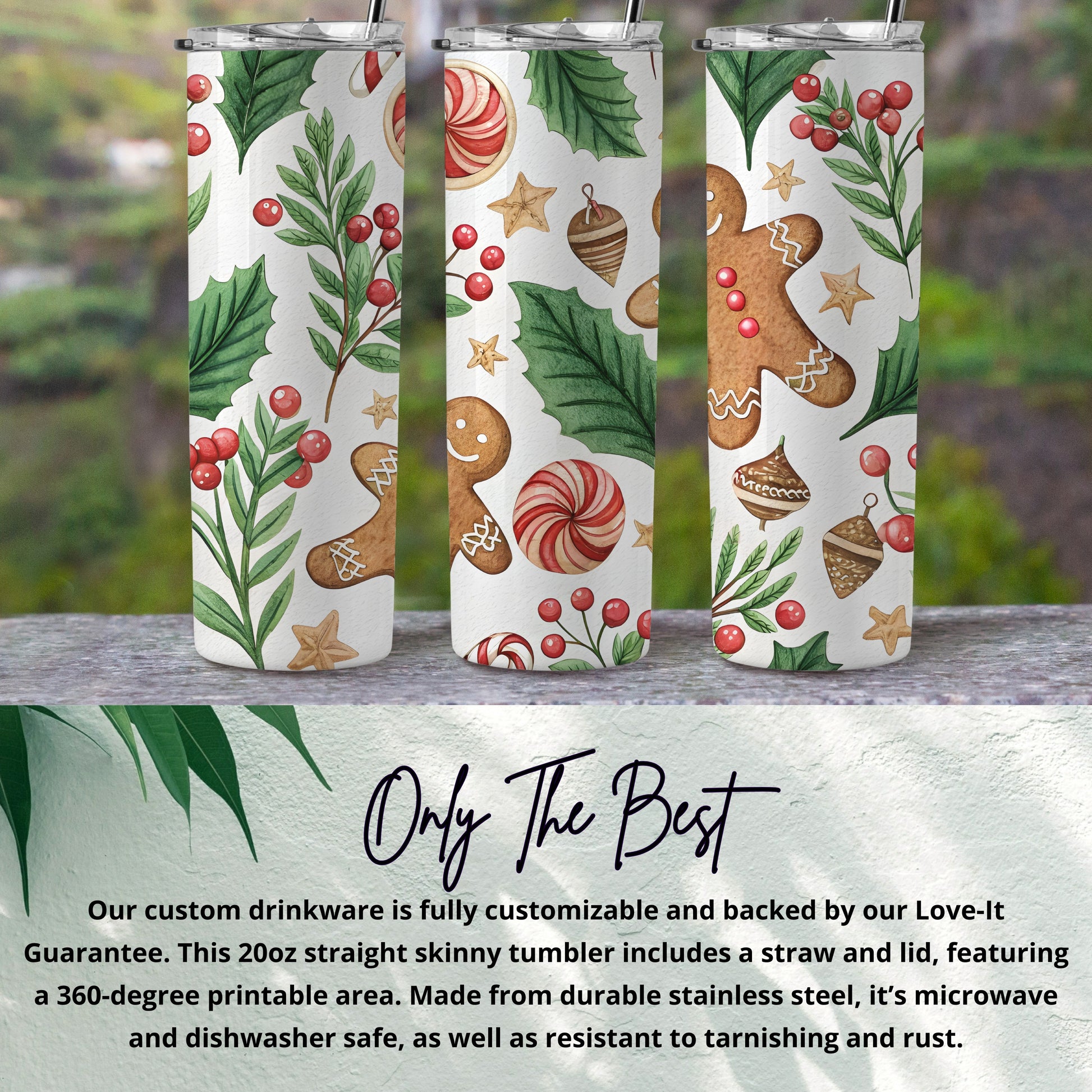 Watercolor Festive Pattern with Ginger Bread and Holly Tumbler - Walk Greener
