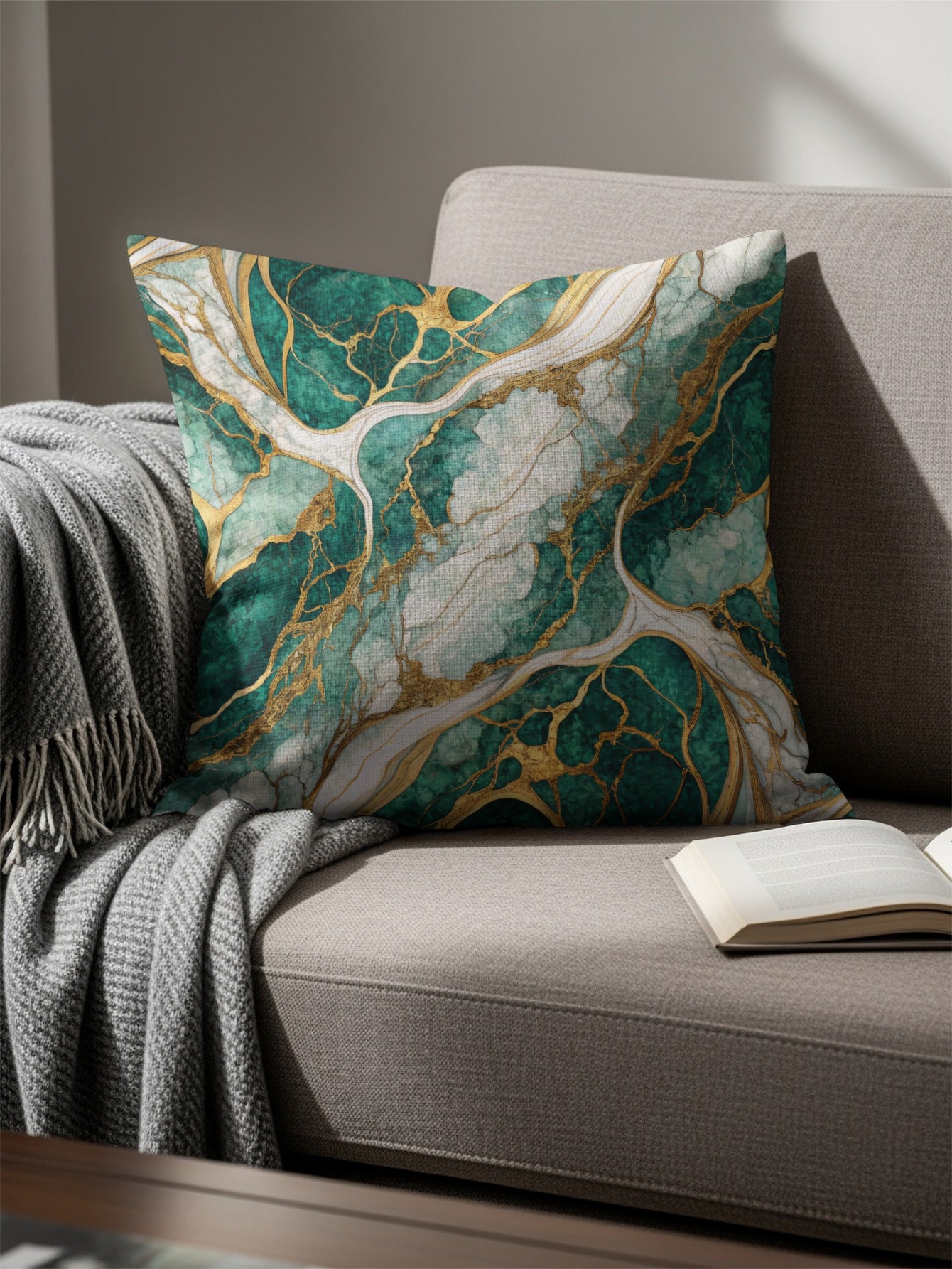 Abstract Green and Gold Marble Pattern Pillow
