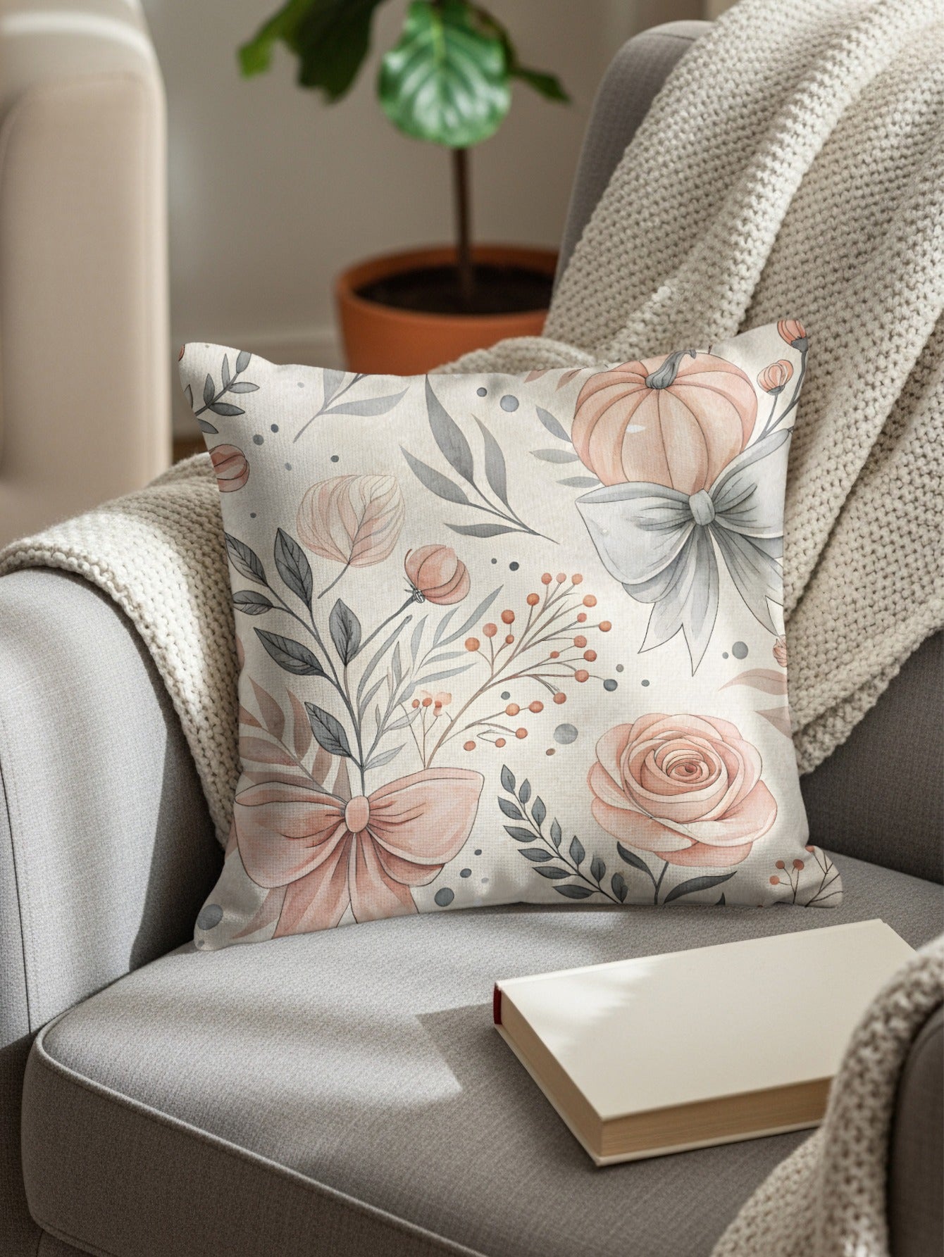 Floral Pillow with Pastel Bow and Leaf Pattern