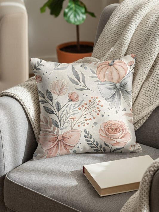 Floral Pillow with Pastel Bow and Leaf Pattern