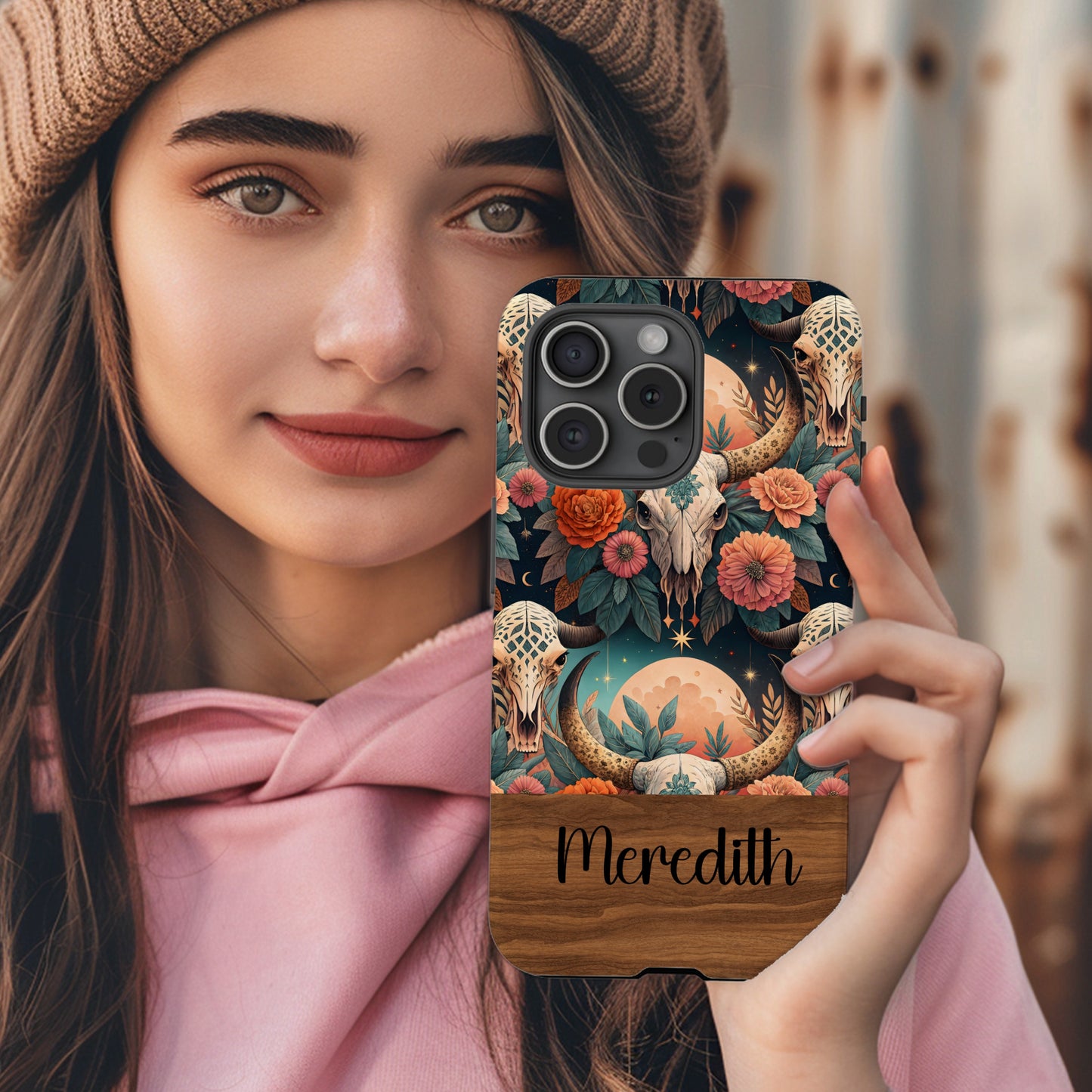 Personalized Floral Skull Design Phone Case with Name Meredith