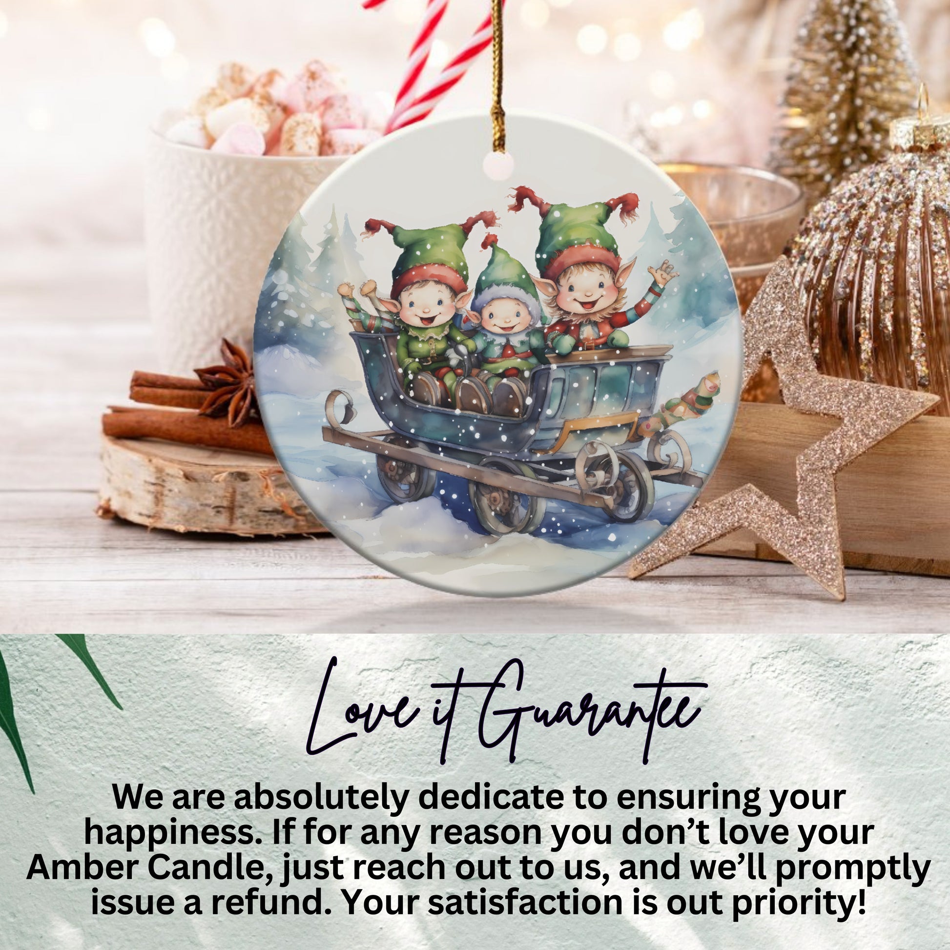 Christmas Ornament with Cute Elves Sleighing product
