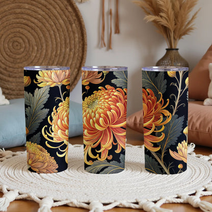 Yellow Orange Chrysanthemum Floral Artwork on Black Tumblers - Walk Greener