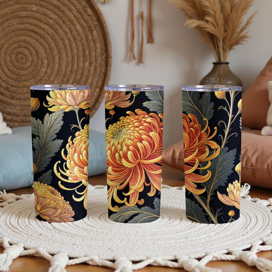Yellow Orange Chrysanthemum Floral Artwork on Black Tumblers - Walk Greener