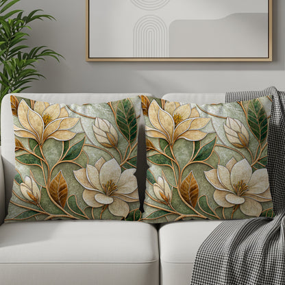 Ivory Petals Green Leaves Artistic Floral Design Throw Pillows - Walk Greener