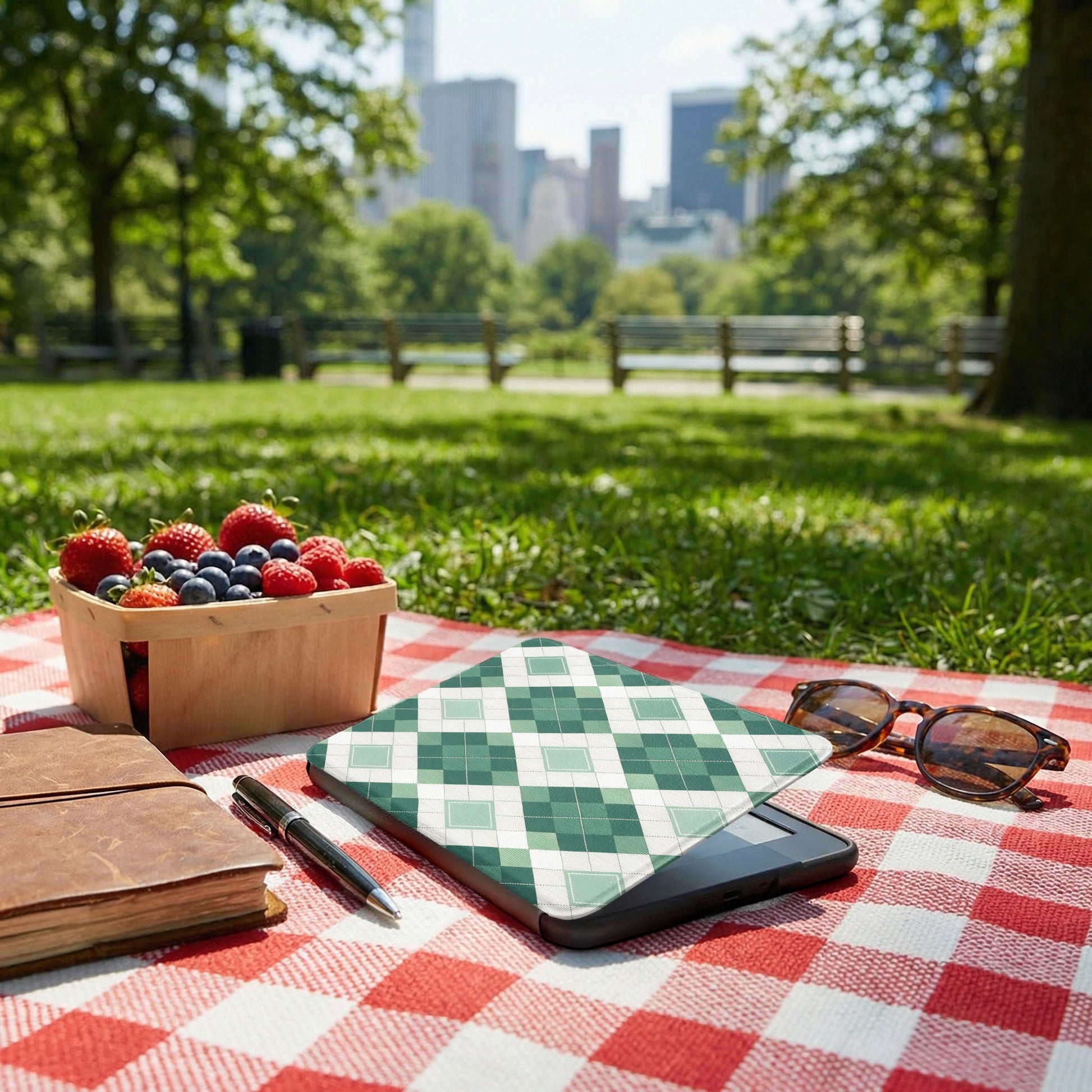 Green Plaid Picnic Blanket with Basket and Books