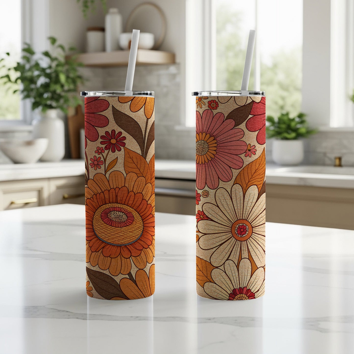 Retro Floral Insulated Tumbler with Lid and Straw Cup